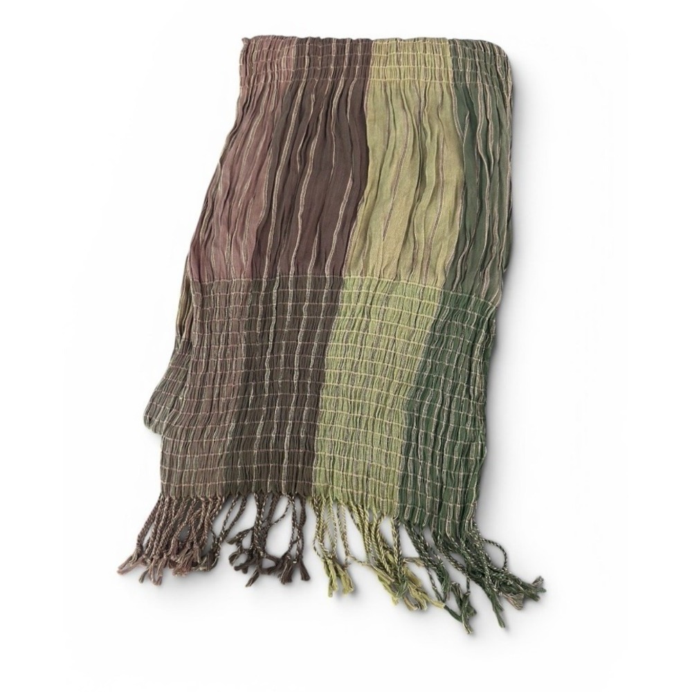 Cotton Scarf Fringe Green Brown Lightweight Crinkle Boho Earthy Forest 15 X 71